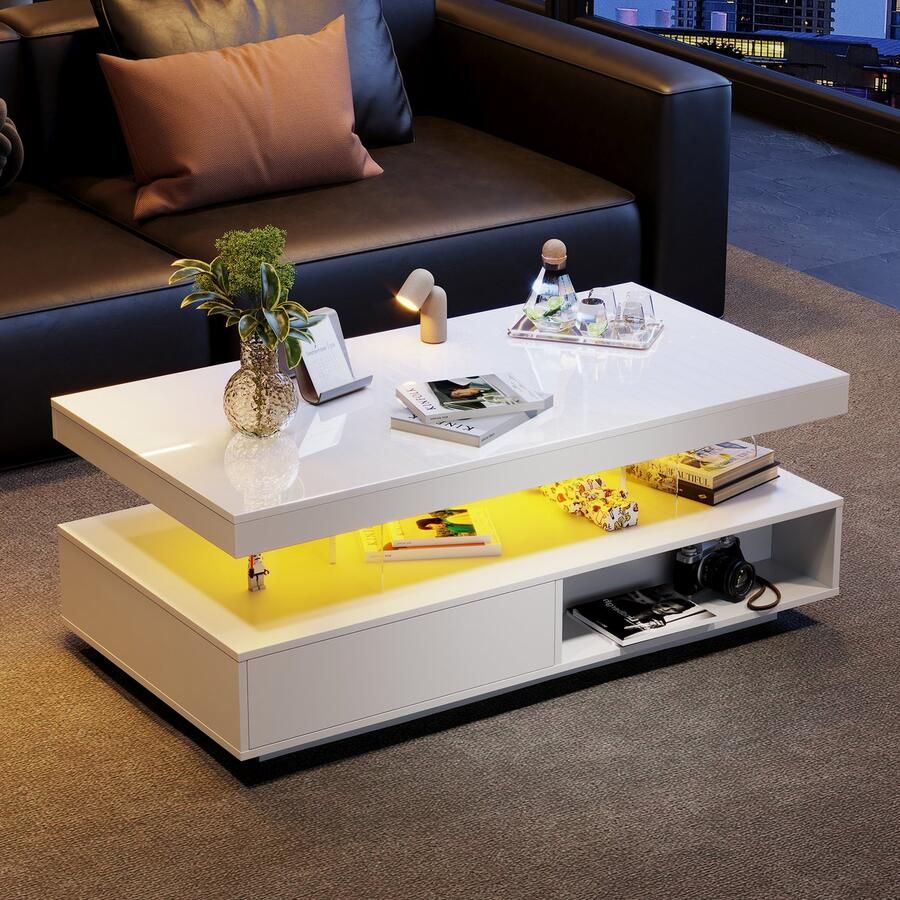 Sweiko Witte hoogglans salontafel 95x50x42.5 cm 4 glazen werkbladen 2 lades en 2 open vakken Woonkamer tafel sofa tafel basiskast voor woonkamer