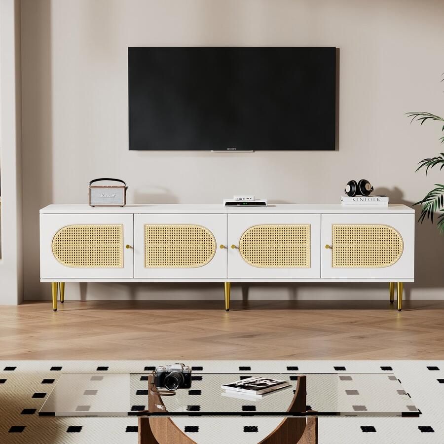 Sweiko Witte rotan TV kast 180x40x50 cm met 4 rotan deuren Verstelbare planken en kabelmanagement Geschikt voor tv's onder de 80 inch tv kasten en lage borden