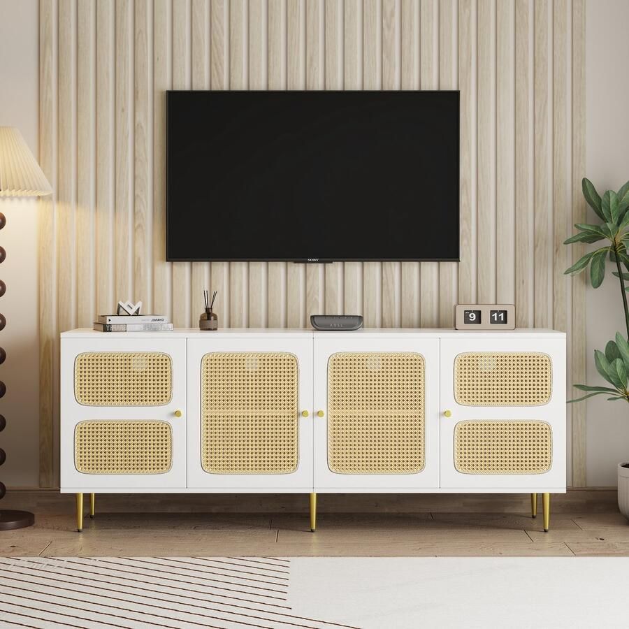 Sweiko Witte Rotan TV Kast 180x40x72 Centimeter. Uitgerust met 4-rieten deuren verstelbare hoogteplanken en kabelbeheer geschikt voor tv's en lage vloerplatforms onder 80 inch