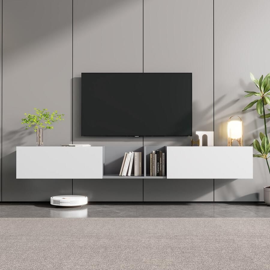 Sweiko Witte TV kast 220 centimeter lang hangend met 2-deuren en 2-open planken minimalistisch