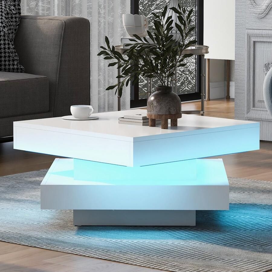 Sweiko Witte vierkante Salontafel hoogglans 360°draaiend aanrecht moderne technologische stijl met 16-kleur LED verlichting 70x70x36cm