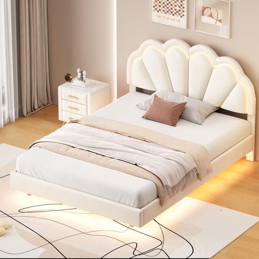 Sweiko Zacht gewatteerd bed 140 x 200 cm met LED verlichting en hoofdbord ontwerp zacht gewatteerd zwevend bedframe tweepersoonsbed van Beige fluwelen stof gastenkamerbed