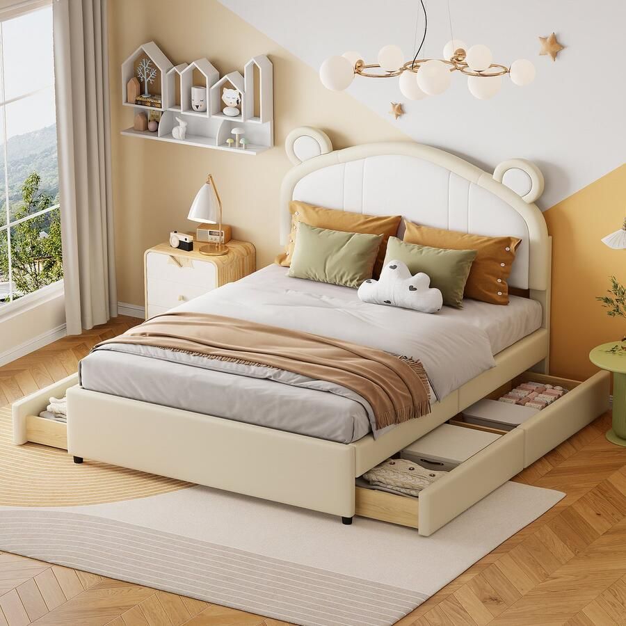 Sweiko Zacht Gewatteerd bed 140X200 cm Tweekleurige stiksels aan het hoofdeinde schattige oorvorm 4-kamers junior tweepersoonsbed kunstlederen stof Beige