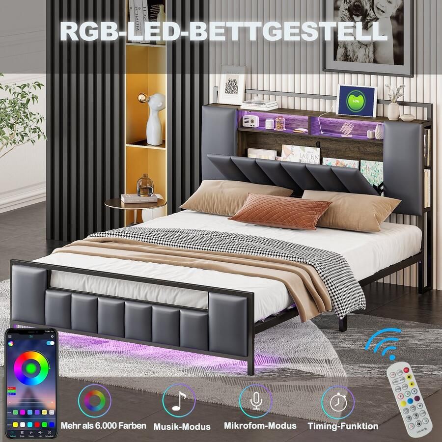Sweiko Zacht Gewatteerd bed 140x200cm Multifunctioneel bed met LED-verlichting USB-aansluiting opslag alle ijzeren bedframe tienerbed volwassen bed tweepersoonsbed synthetisch leer Grijs