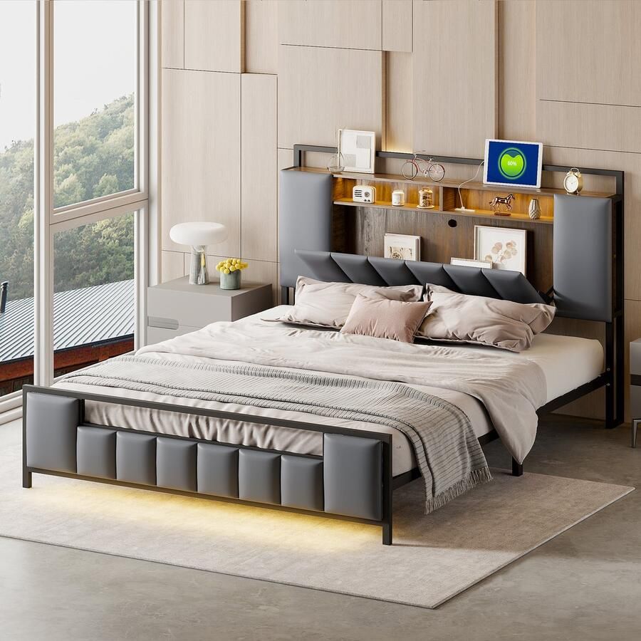 Sweiko Zacht Gewatteerd bed 160x200cm Multifunctioneel bed met LED Verlichting USB aansluiting Opbergruimte alle ijzeren bedframe tienerbed volwassen bed tweepersoonsbed synthetisch leer Grijs