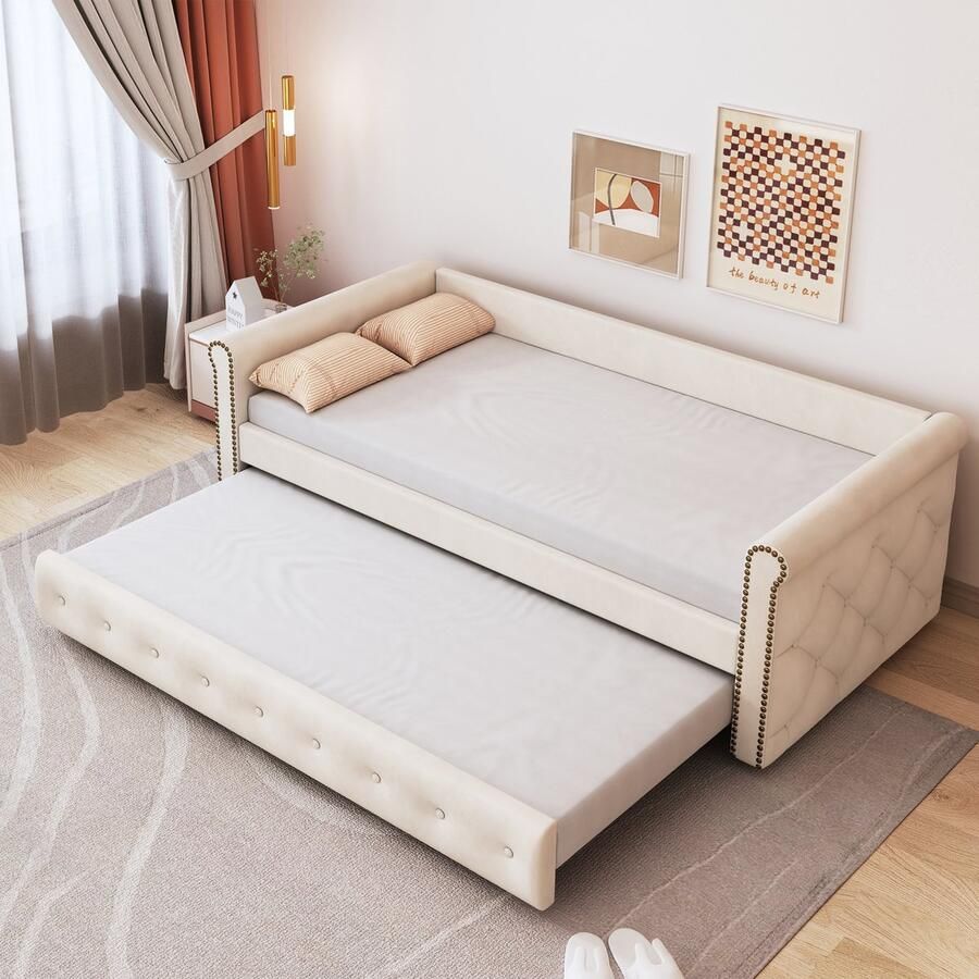 Sweiko Zacht Gewatteerd bed Kinderbed 90x200cm Slaapbank Beige huidvriendelijke fluwelen stof jeugdbed kinderbed gastenbed(Uitsluitend matrassen)
