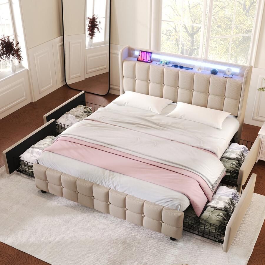 Sweiko Zacht Gewatteerd bed met USB Oplaadfunctie Hoofdbord en LED verlichting 2-laden Eenpersoonsbed 140x200cm opbergbedframe houten frame Beige (zonder matras)