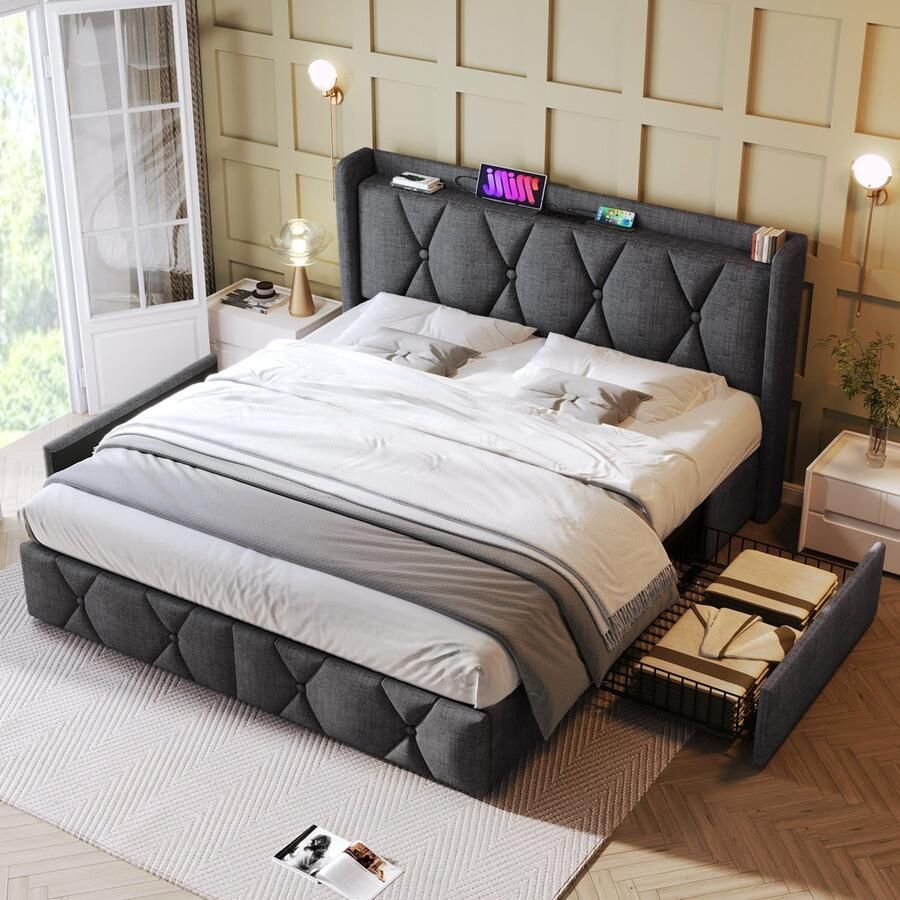 Sweiko Zacht Gewatteerd bed met USB Oplaadfunctie Hoofdeinde en 4-laden Tweepersoonsbed 140x200cm opberghoofdeinde houten frame Grijs (zonder matras)