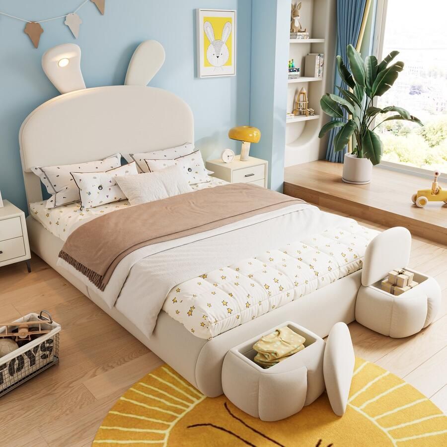 Sweiko Zacht gewatteerd bed Tweepersoonsbed Hydraulisch bed 140x200cm Konijnenoren met instelbare helderheid warme lichtstrepen opbergruimte onder het bed twee opbergkrukken fluweel Beige(excl. matras) - Foto 2