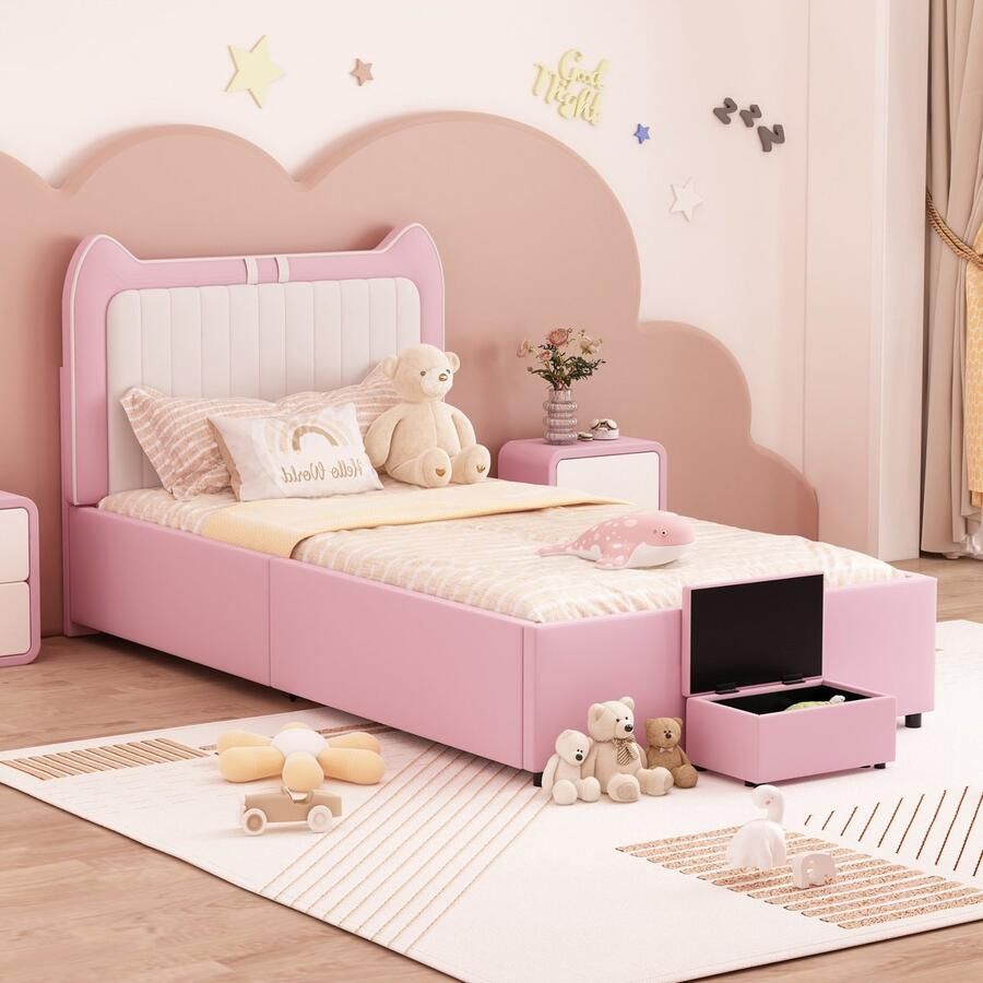 Sweiko Zacht Gewatteerd Katoenen bed 90x200 cm Hoofdeinde met Tweekleurige stiksels opbergtafel schattige oorvorm met planken kunstlederen stof Roze (excl. matras)