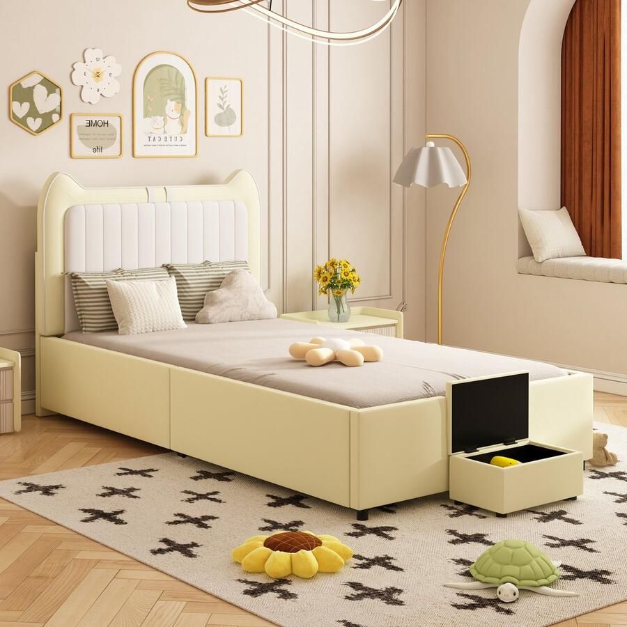 Sweiko Zacht Gewatteerd Katoenen bed 90x200 cm Hoofdeinde met Tweekleurige stiksels opbergtafel schattige oorvorm met planken kunstlederen stof Beige (excl. matras)