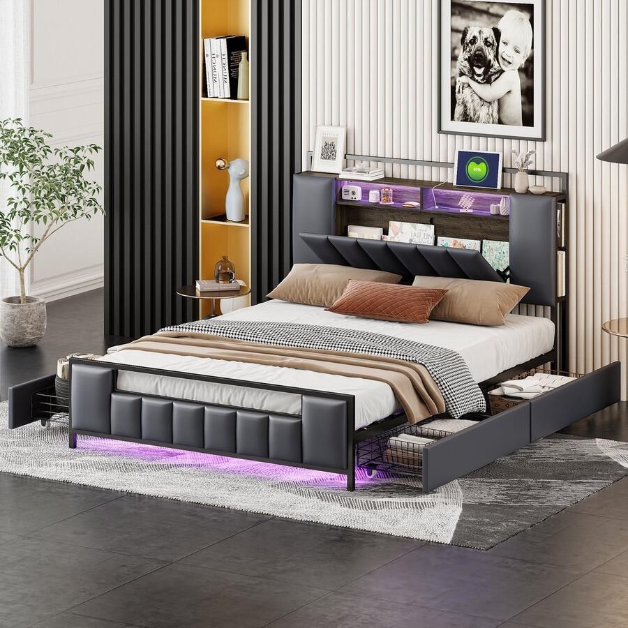 Sweiko Zacht Kussen bed 140x200cm Multifunctioneel bed met LED Verlichting USB Aansluiting Laden massief ijzeren bedframe jeugdbed volwassen bed tweepersoonsbed ecologisch leer Grijs (geen matras)