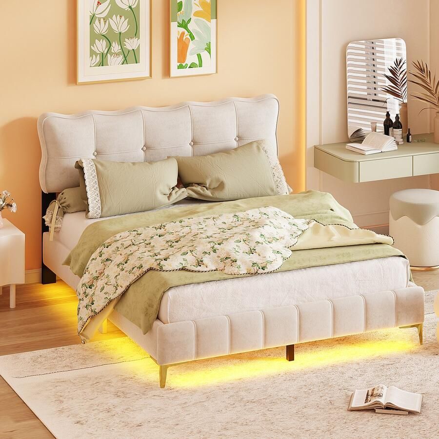 Sweiko Zacht Kussen Bed 160 x 200 cm Jeugdbed Tweepersoonsbed met LED-verlichting Strap Flat Frame Fluwelen Stof High Metal Voet Beige (matras niet inbegrepen)