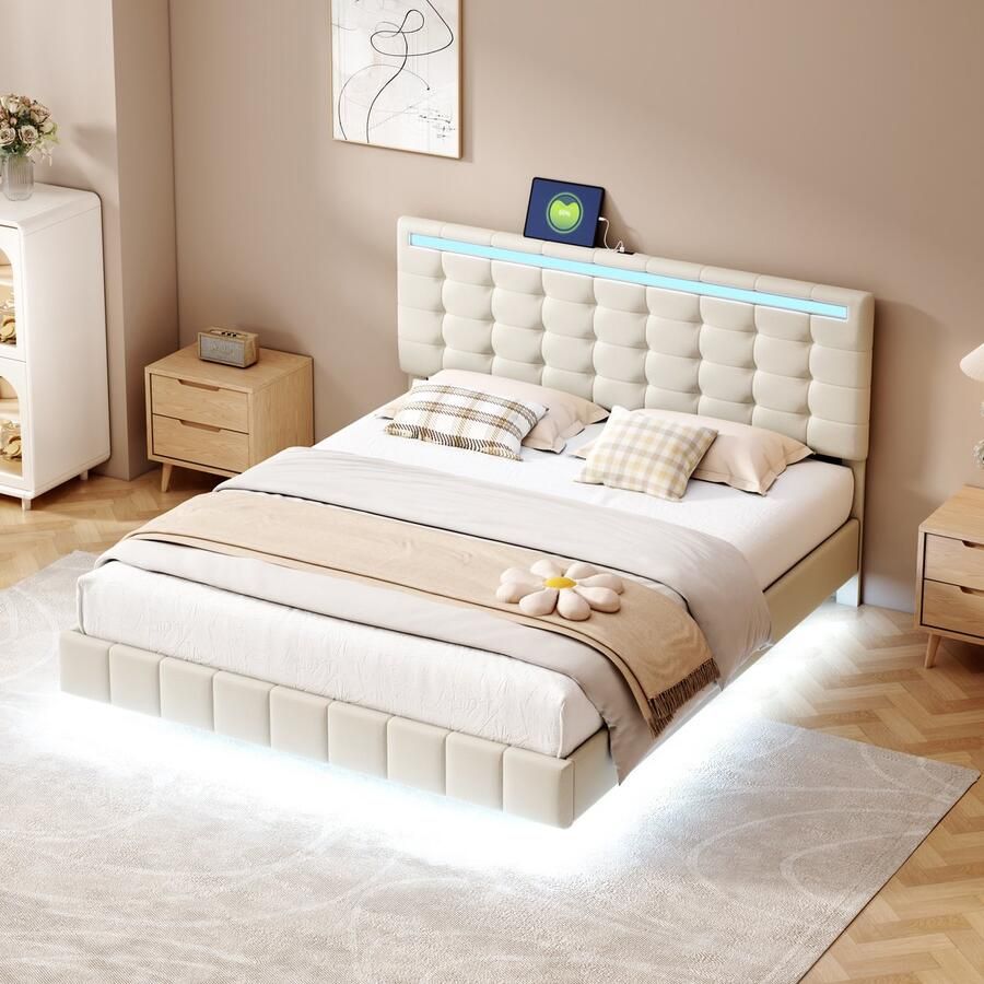 Sweiko Zacht Kussen bed 160 x 200 cm met LED Verlichting en een Zwevend bedframe ontworpen met een hoofdeinde Beige linnen plat tweepersoonsbed