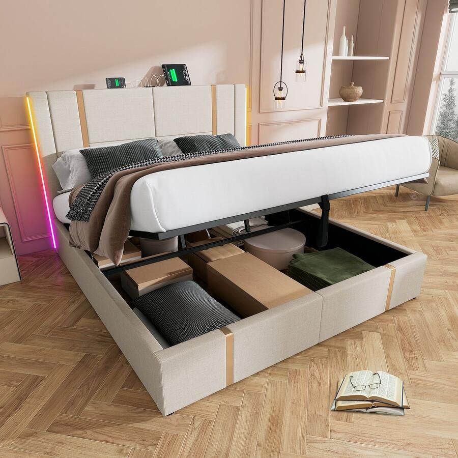Sweiko Zacht Kussen bed USB Type C Oplaadfunctie APP Controle LED Eenpersoonsbed 160 × 200cm opbergbedframe houten frame Beige linnen materiaal (Geen matras)