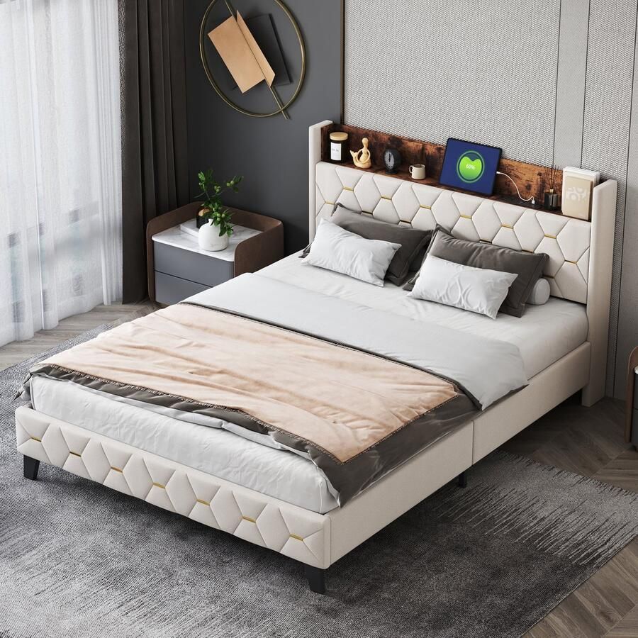 Sweiko Zacht Kussenbed 160 x 200 cm Opbergruimte met USB-poort op het Hoofdeinde Lederen cardamom fluweel Beige tweepersoonsbed (zonder matras)