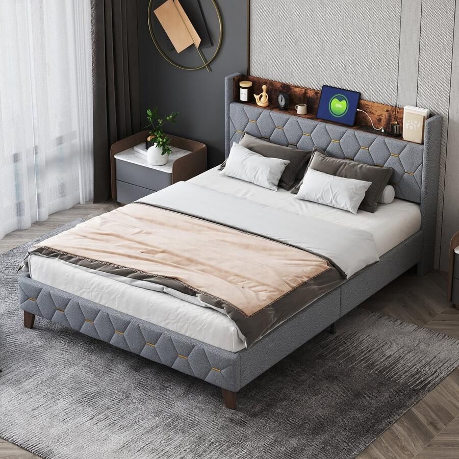 Sweiko Zacht Kussenbed 160 x 200 cm Opbergruimte met USB-poort op het Hoofdeinde Lederen cardamom fluweel Grijs tweepersoonsbed (zonder matras)