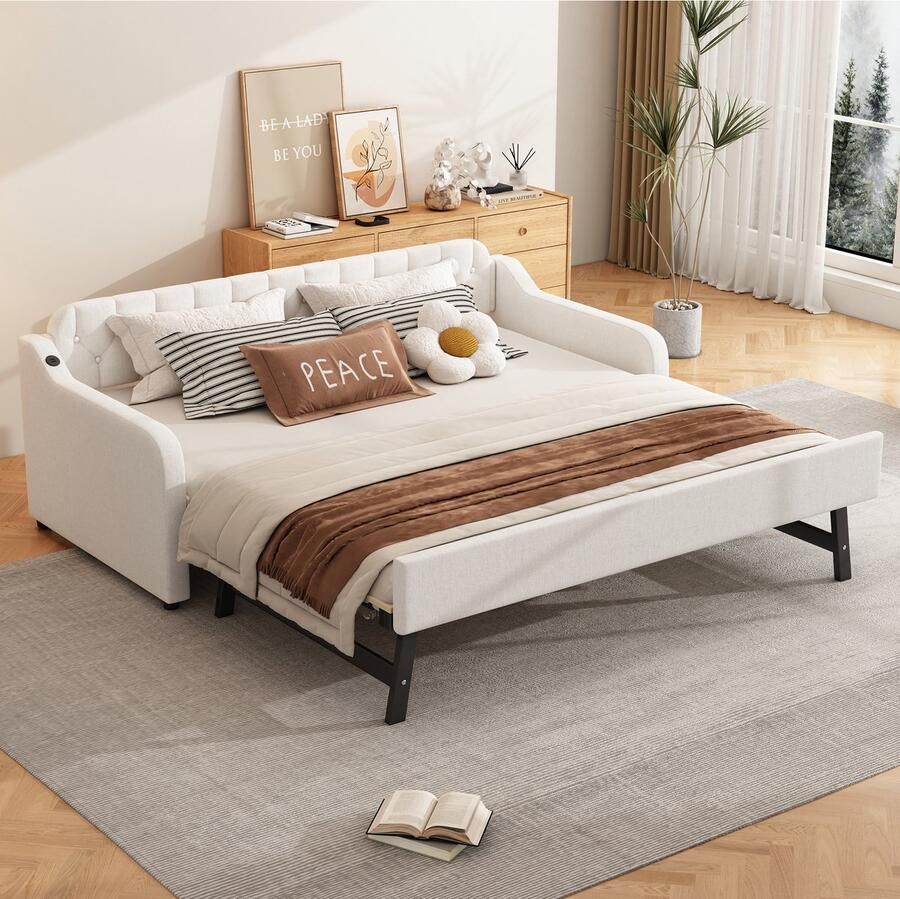 Sweiko Zacht kussenbed 90x200cm slaapbank met uitschuifbaar opklapbed USB-poort Beige(Geen matras)