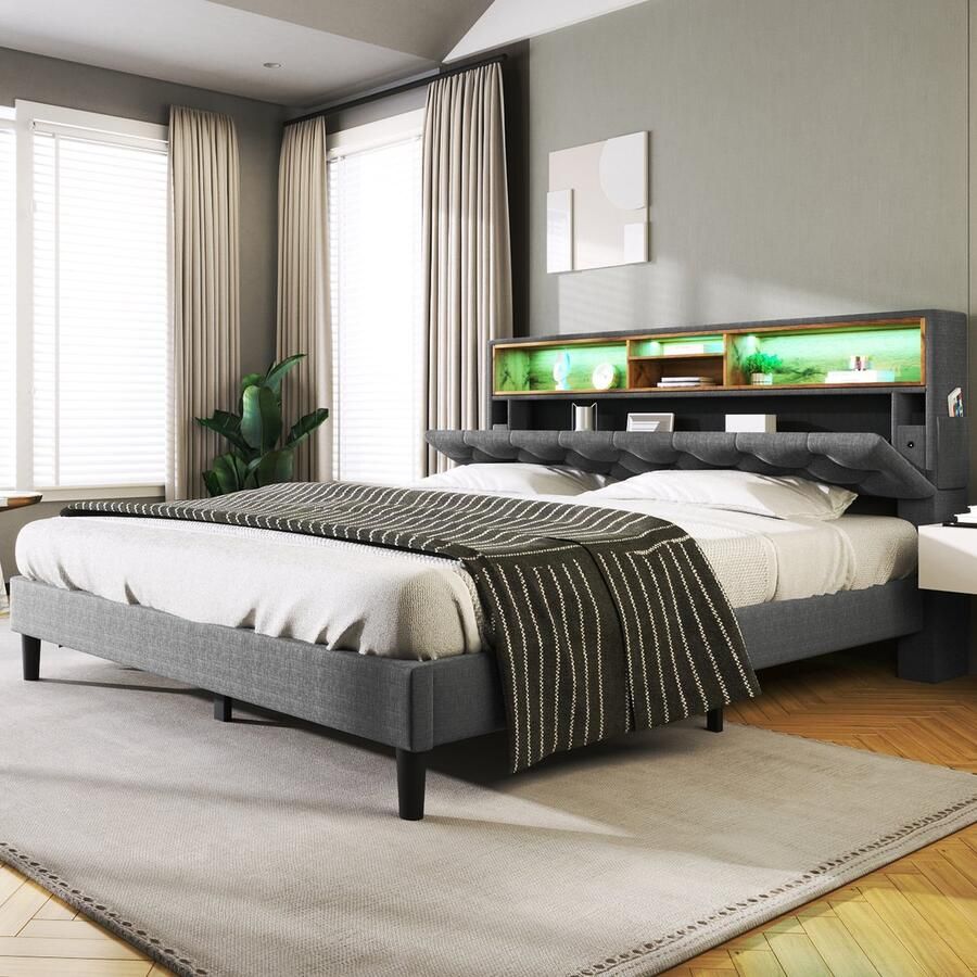 Sweiko Zacht Kussenbed Dubbel Opberghoofd Tweepersoonsbed met LED verlichting houten frame 140x200CM Grijs (Geen matras)