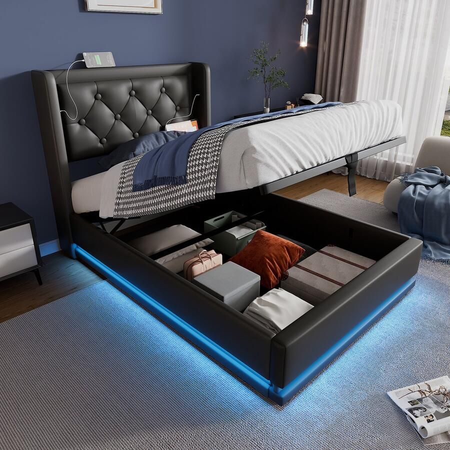 Sweiko Zacht Kussenbed Eenpersoonsbed 90x200 cm Zwart PU Materiaal Hydraulisch Opbergbed Zacht kussenhoofd met USB Type-C oplaadfunctie 3-zijdige LED Functie (Geen matras)