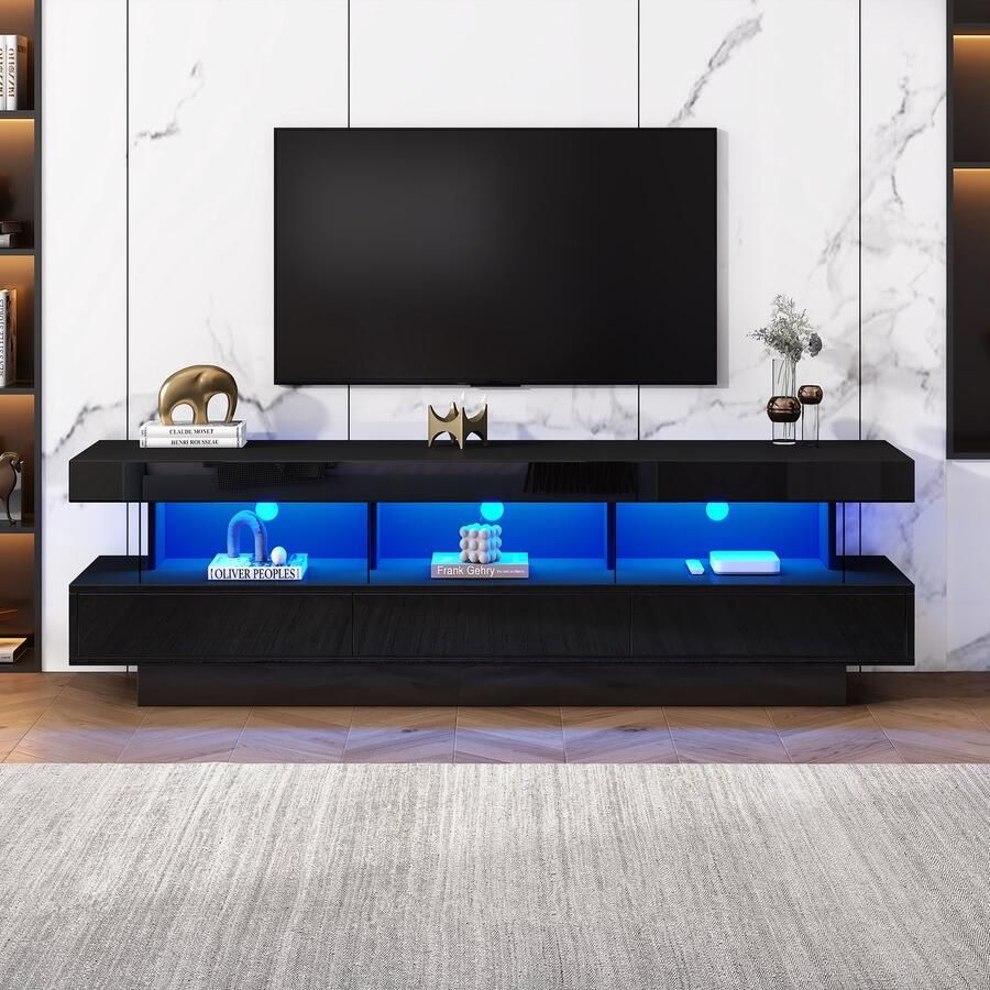 Sweiko Zwart Hoogglans TV Kast 160x38x50.5cm met 3-glazen Compartimenten LED Verlichting Toepassingscontrole Bluetooth verbinding geschikt voor 70-inch tv's smart TV kast