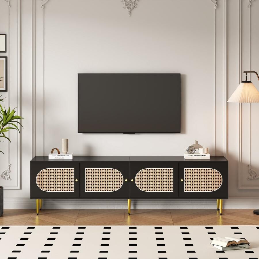 Sweiko Zwarte Rotan TV kast 180x40x50 cm. Uitgerust met 4-rieten deuren Verstelbare planken en kabelbeheer geschikt voor tv's tv-kasten en lage vloerplatforms onder 80 inch