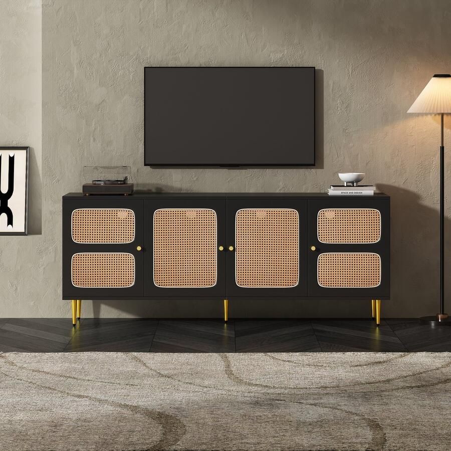 Sweiko Zwarte Rotan TV kast 180x40x72 centimeter. Uitgerust met 4-rieten deuren verstelbare hoogteplanken en kabelbeheer geschikt voor tv's en lage vloerplatforms onder 80 inch