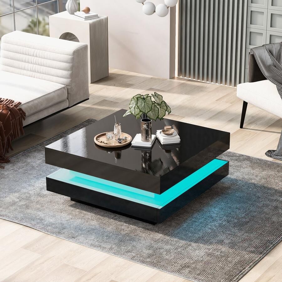 Sweiko Zwarte Vierkante Salontafel Woonkamer tafel Moderne technologie stijl uitgerust met 16 kleur LED verlichting 70x70x36 cm maximale belasting van 3 kilogram
