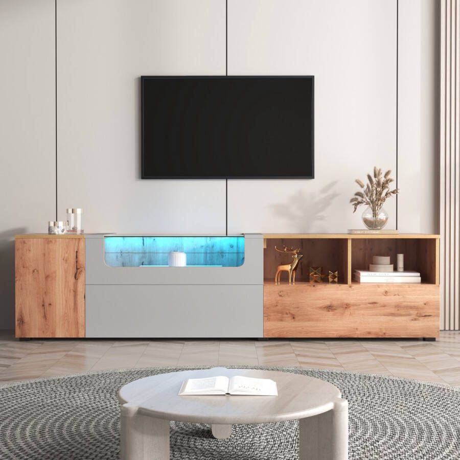 Sweiko TV kasten lowboards woonkamer meubels in lichtgrijs en houtkleuren. Natuurlijke landelijke stijl. Met kleurveranderende LED-verlichting en glaspaneel met compartimenten en deuren