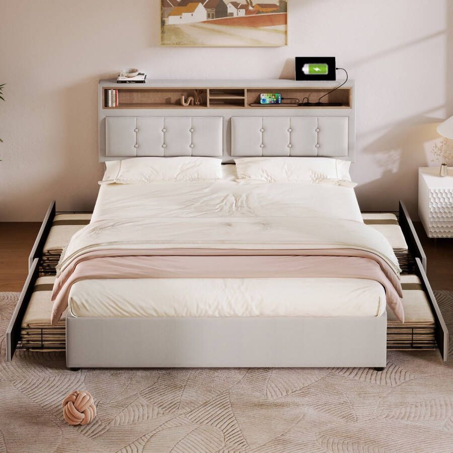Sweiko Tweepersoonsbed met 4-lades& USB C aansluiting gestoffeerd bed 140x200cm in hoogte verstelbaar hoofdeinde houten lattenboden (zonder matras)
