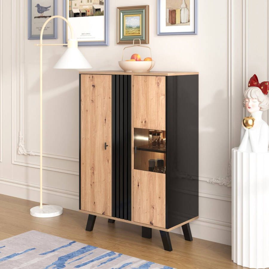 Sweiko Veelzijdige en moderne kasten dressoirs vitrines met glas en LED verlichting. Bevat laminaat een combinatie van zwart en hout kleuren uniek zwart houten streepontwerp