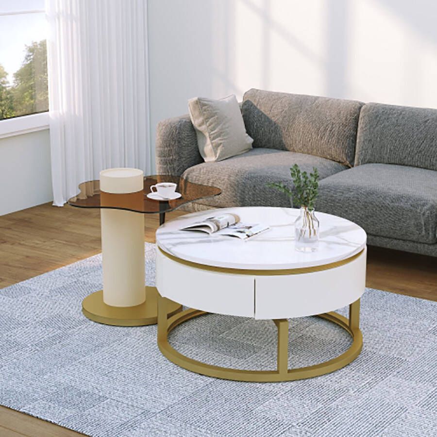 Sweiko White 2-delige nesting salontafel Veelzijdig ontwerp met marmerlook en glazen oppervlak hoogglans behuizing 360° draaibaar