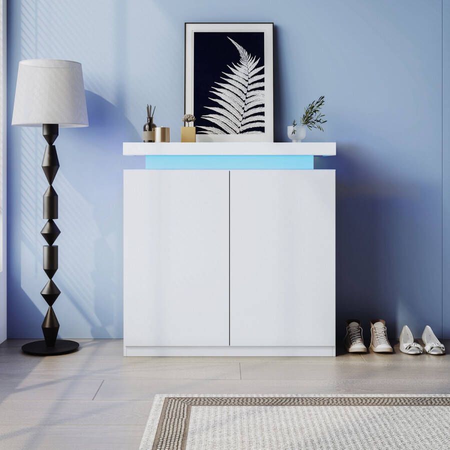 Sweiko Wit hoogglans kabinet twee deuren met stille scharnieren servieskast met 16 kleur LED verlichting hoekkabinet bodemkabinet opslagkabinet 100*38*97cm