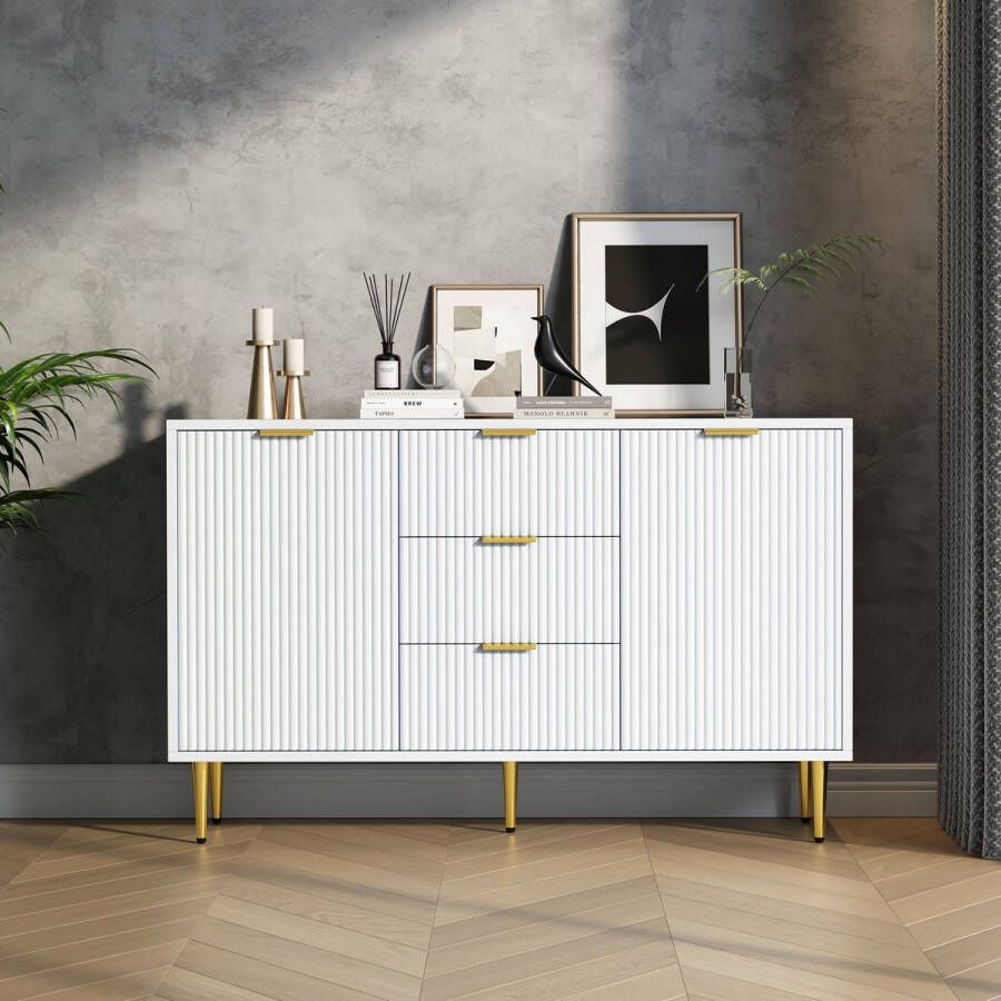 Sweiko Witte en gouden dressoir 2 deuren 3-laden voorpaneel met verticale strepen 120*40*75 cm eetkast hoekkast nachtkastje badkamerkast opslagkast