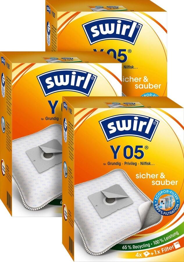 Swirl 3-pack Y05 stofzuigerzakken 12 stuks + 3 filters Geschikt voor Bomann Clatronic Inventum SZ300 ST306 Sauber V20 V70 SB20 SB70 Tomado TDB300 Sencor Severin Dirt Devil Princess Concept Dirt Devil