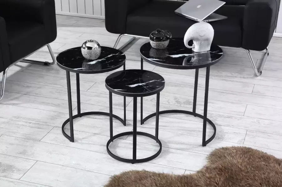 Swiss Homess Swiss Homes Salontafel Set van 3 Zwart (Black) Glas Marmer Look Ø50 Ø 50 Ø 55 cm Bijzettafel Tafel Rond Woonkamer Tafel Decoratie Tafel Salon Tafel Wandtafel Koffietafel Zwart Metalen Frame