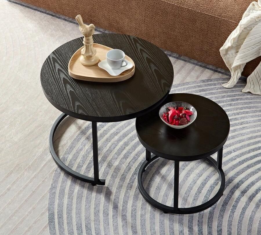 Swiss Homess Swiss Homes Salontafel Set van 2 Hout Zwart (Black) Industrieel Ø60 Ø 60 Ø 45 cm Bijzettafel Tafel Rond Woonkamer Tafel Decoratie Tafel Salon Tafel Wandtafel Koffietafel Zwart Metalen Frame
