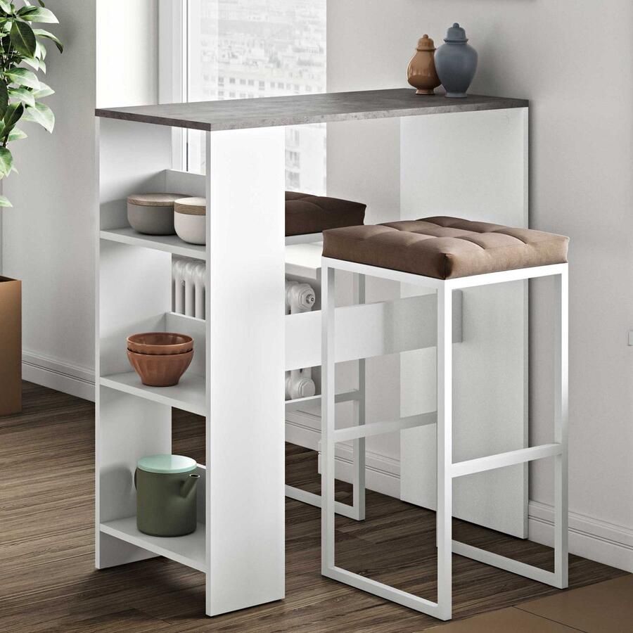 Symbiosis EMOB Bartafel Carnilla 94x40 met opbergruimte wit beton Tafels outlet Wit; Grijs; Betonlook Spaanplaat Tafels outlet Op voorraad