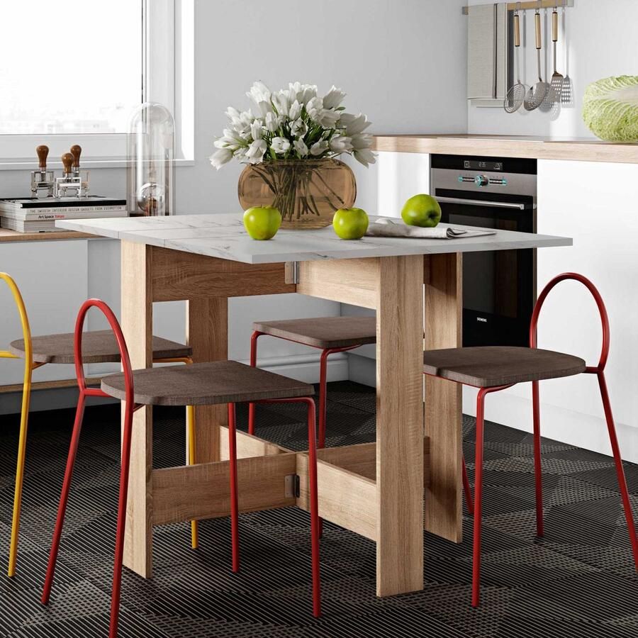 Symbiosis EMOB Opklapbare eettafel Papillon 103 cm eik marmer Eettafels outlet Wit; Bruin Spaanplaat Eettafels outlet Op voorraad