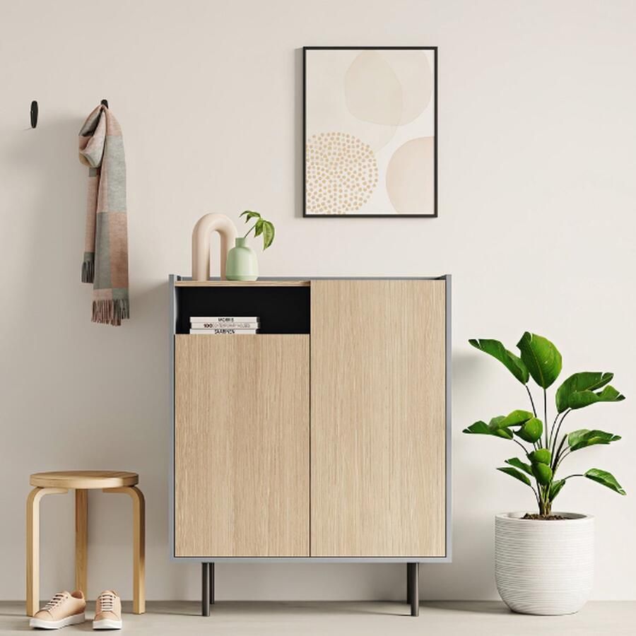 Symbiosis Schoenenkast Anjes 2 draaideuren 1 open vak en 4 legplanken-lichte eik celadon grijs