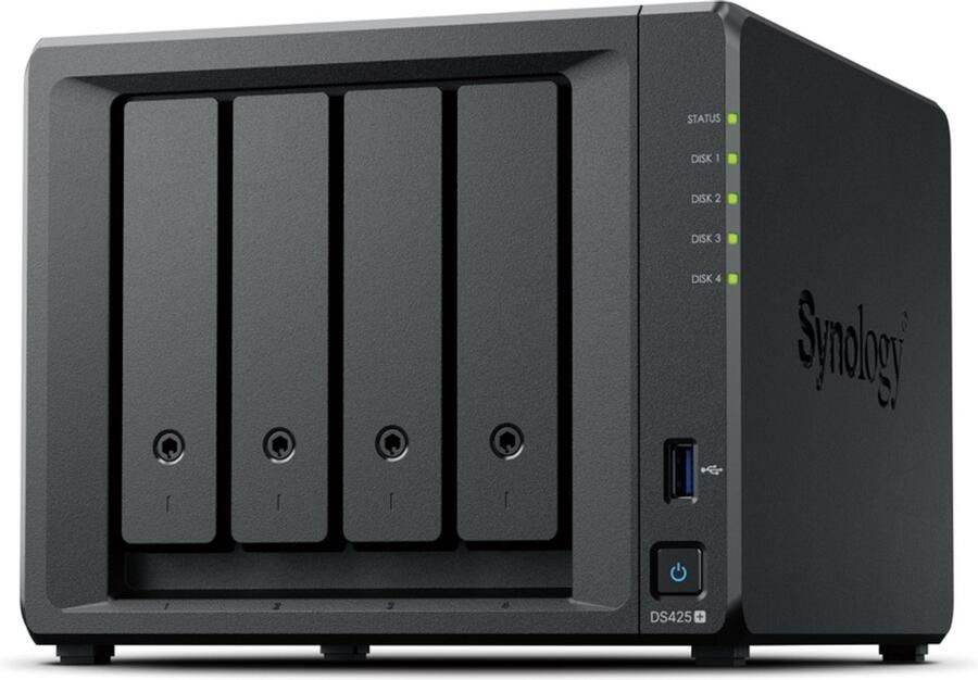 Synology DS425+ NAS-Server 4 bays Intel Celeron J4125 2 GB DDR4 (uitbreidbaar tot 6 GB) 3.5 2.5 M.2 2280 NVMe zwart