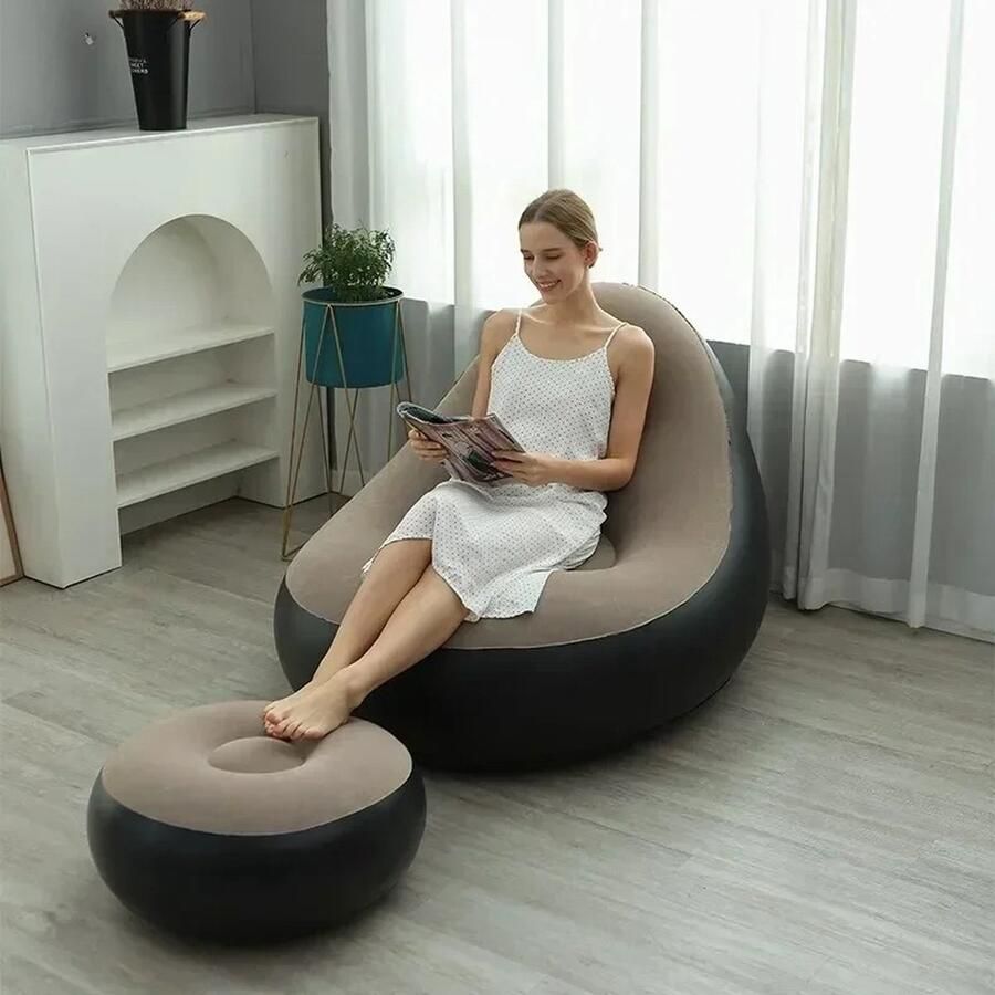T&L Store Opblaasbare bank Opvouwbaar Comfort Releax Binnen en Buiten PVC Fluwelen Met Kruk Beige