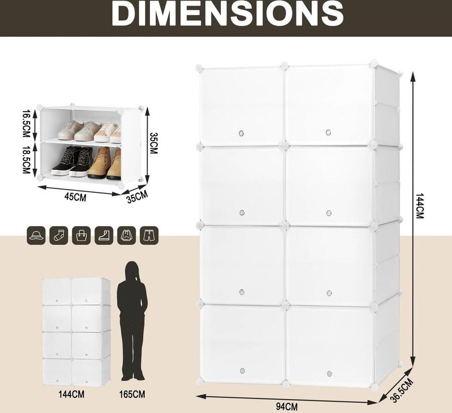 T&L Store Schoenenrek Schoenenkast Schoenenrek Wit Ruimtebesparend Woonkamer Modern Meubel 2kg per Niveau 94x36.5x144 cm