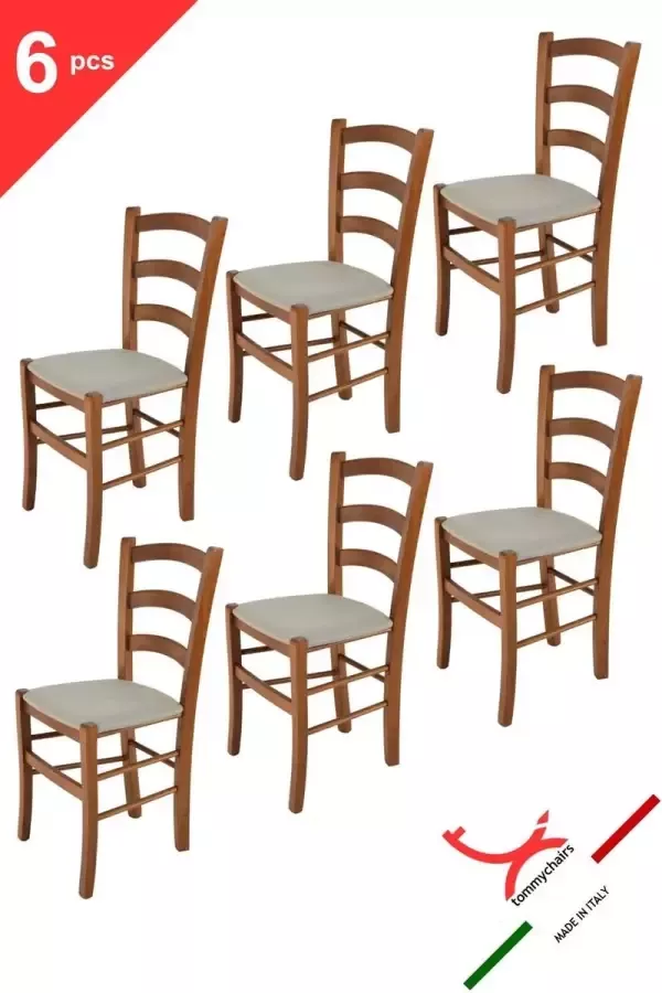 T m c s Tommychairs Venice Eetkamerstoelen Set van 6 Licht Walnoot & Licht Bruin Kunstleer & Hout