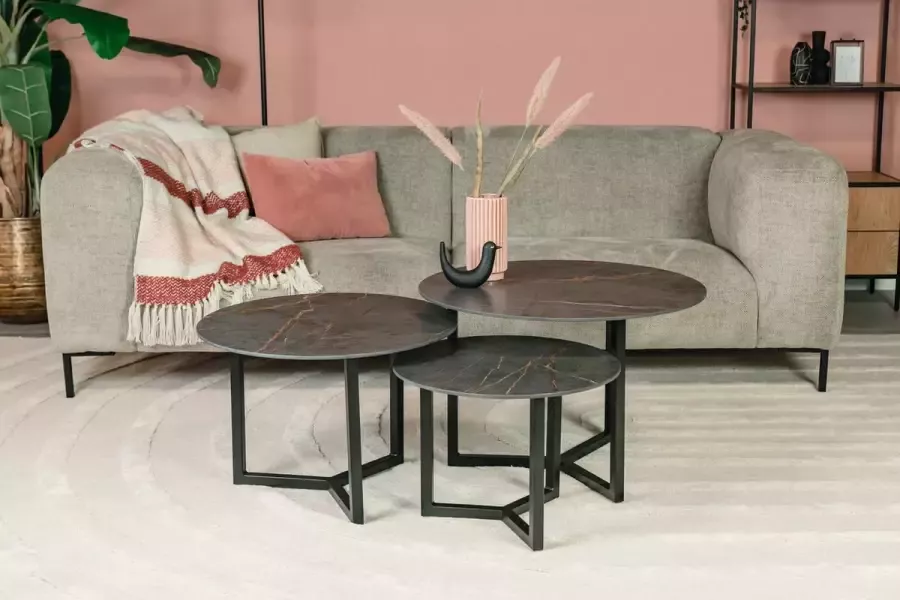 Tafelwinkel Salontafel Set Rond Dekton Laurent Goudbruine aderen Natuursteen Marmer Set van 3