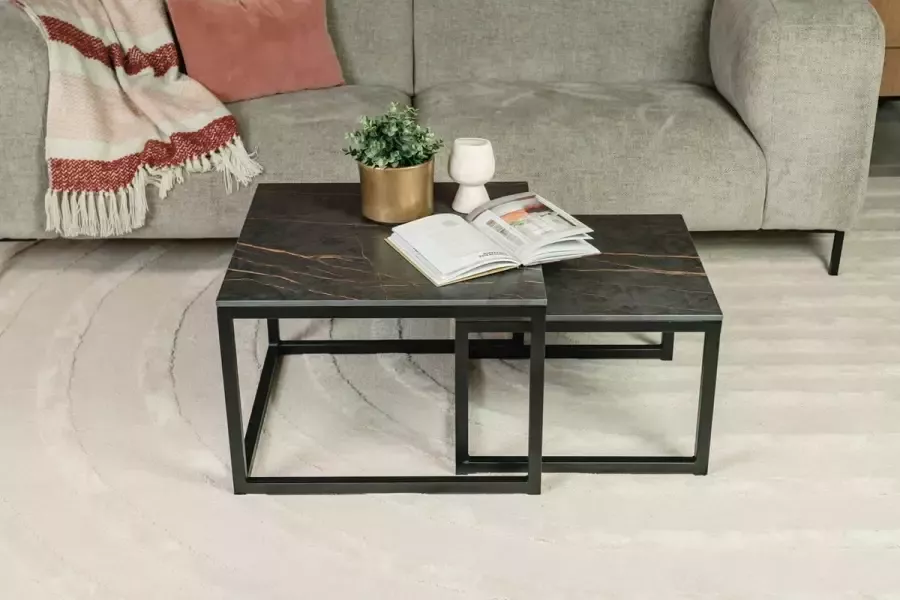 Tafelwinkel Salontafel Set Vierkant Dekton Laurent Goudbruine aderen Natuursteen Marmer Set van 2