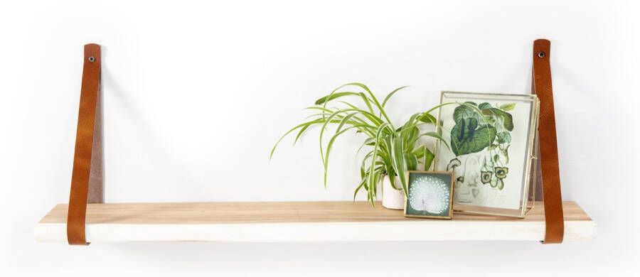 Tall Men Standing Houten Wandplank 90 cm incl. Bruine leren banden Live Edge Robuust Duurzaam – Stijlvol