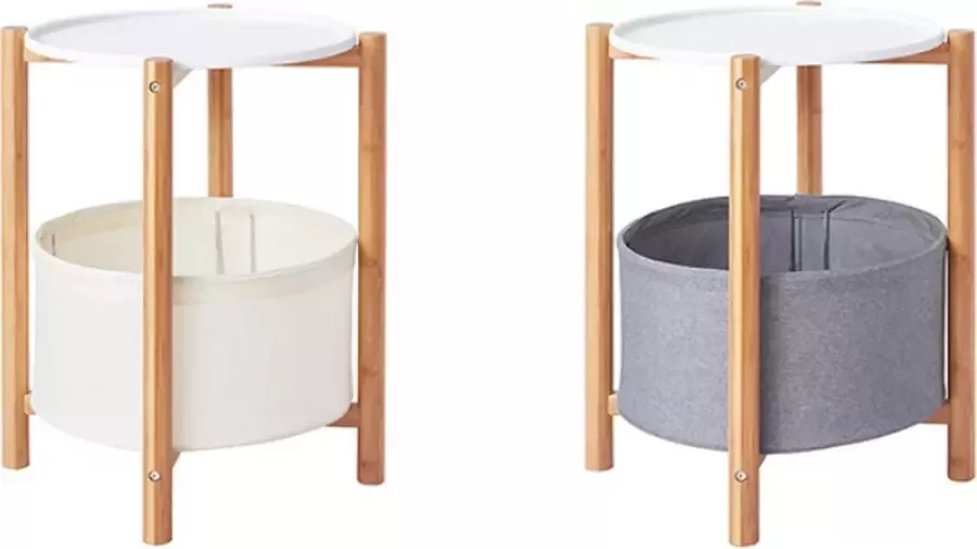 Tanebu Bijzettafel Rond met Opbergruimte van Bamboe Bijzettafels Bamboe Duurzaam Bijzettafel rond Opbergmand Grijs & Wit Koffietafel Los Dienblad Wit Dienblad rond Bijzettafel wit hout multifunctionele bijzettafel Nachtkastje