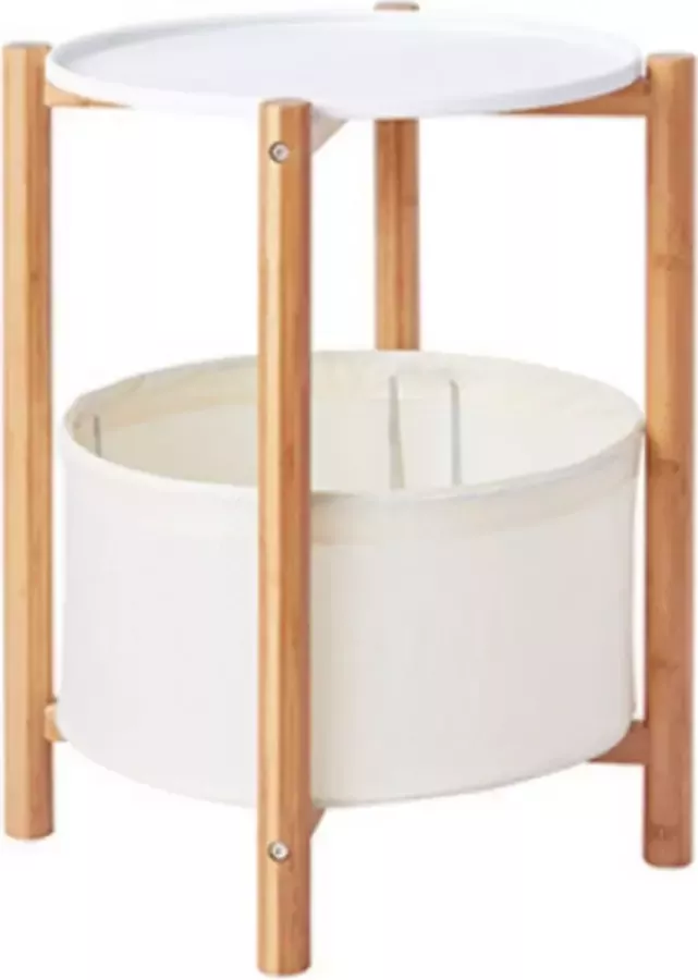Tanebu Bijzettafel rond met Opbergruimte van Bamboe Wit Bijzettafels Bamboe Duurzaam Bijzettafel rond Opbergmand Naturel Wit Koffietafel Los Dienblad Wit Dienblad rond Bamboe hout multifunctionele bijzettafel Nachtkastje