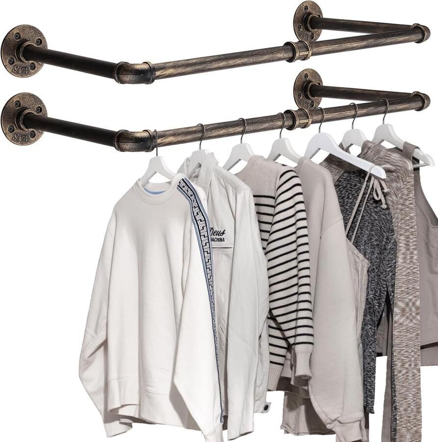 Retadou Kledingrek wandmontage set van 2 60cm garderobestang wandkledingstang kledingkast voor appartementen slaapkamers brons